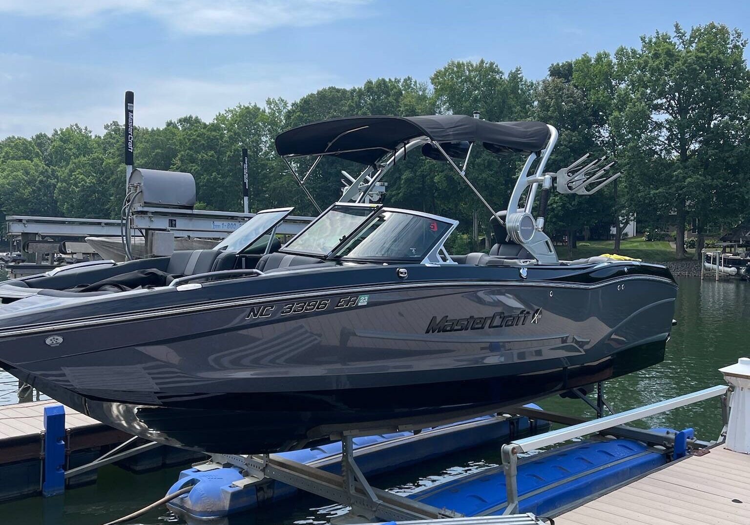 Luxury MasterCraft boat prepared with top-tier boat ceramic coating in Lake Norman, offering protection and shine.